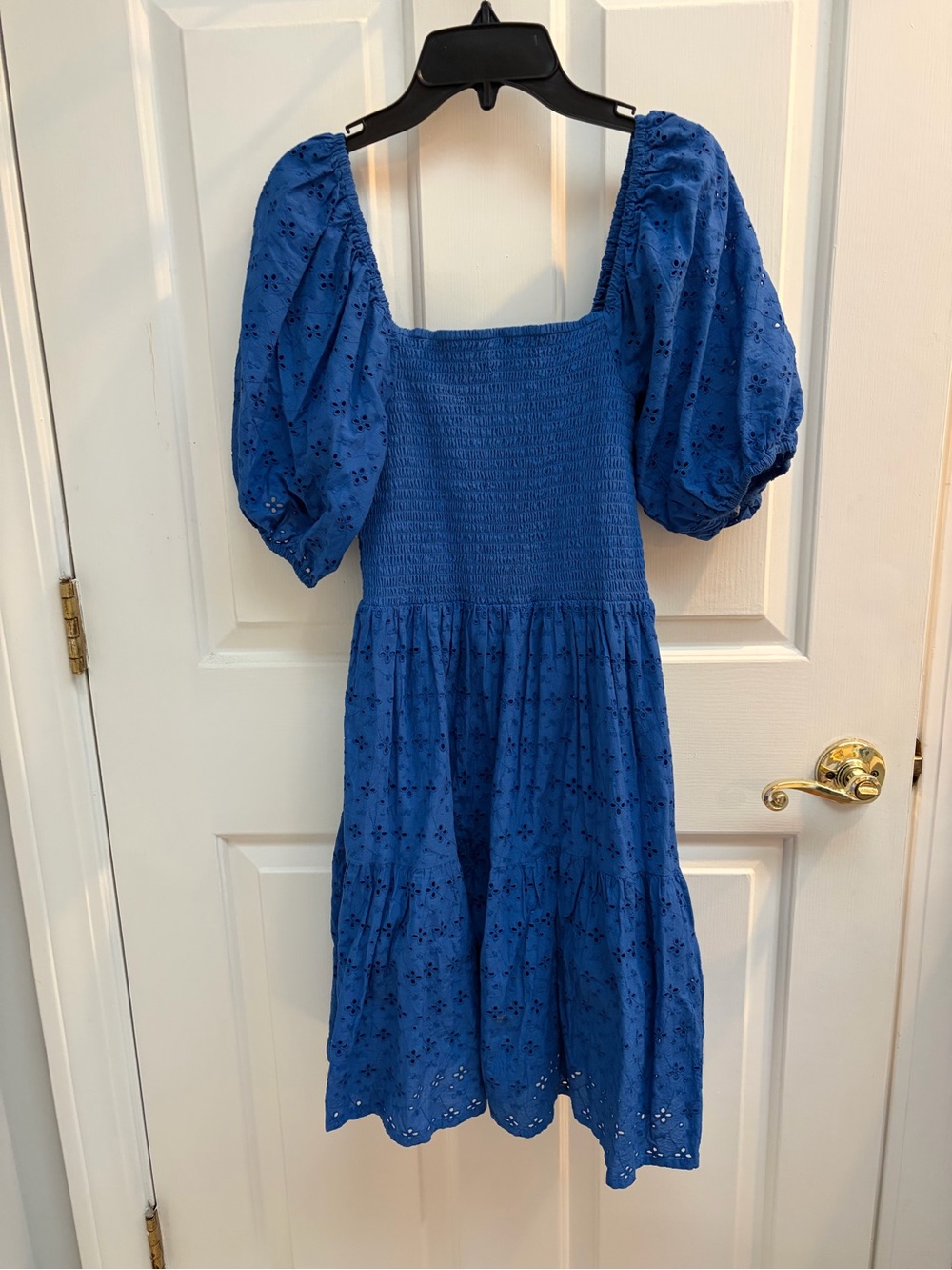 Blue Eyelet Puff Sleeve Midi Dress